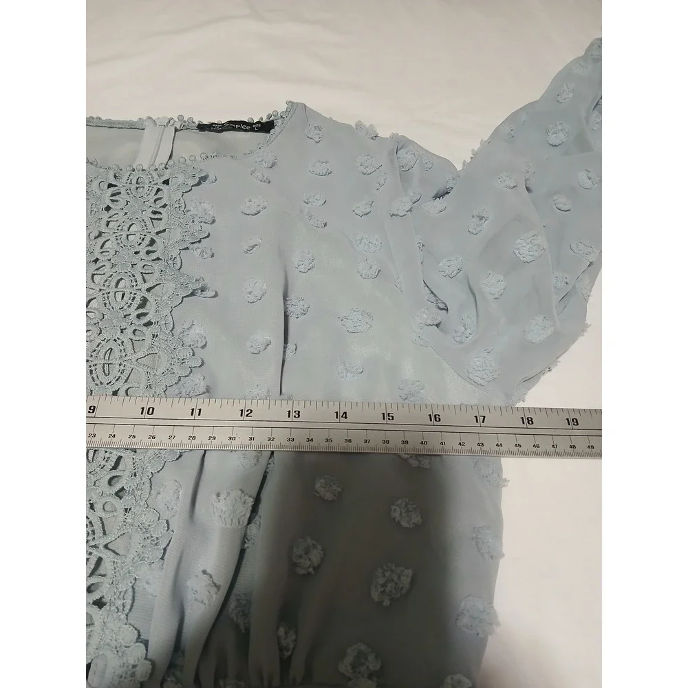 Simplee Light Blue Swiss Dot Crochet Lace Mini Dress Long Sleeve Size L - Picture 6 of 9